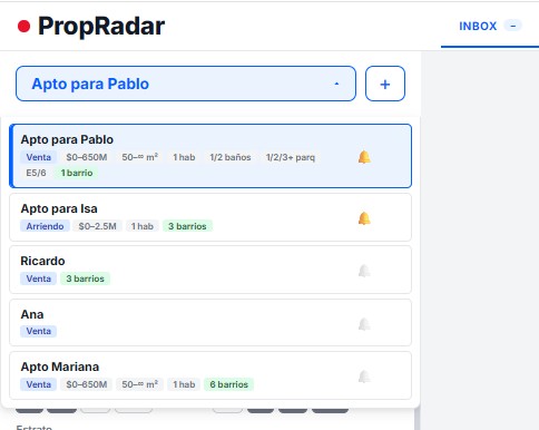 Lista de búsquedas guardadas en PropRadar